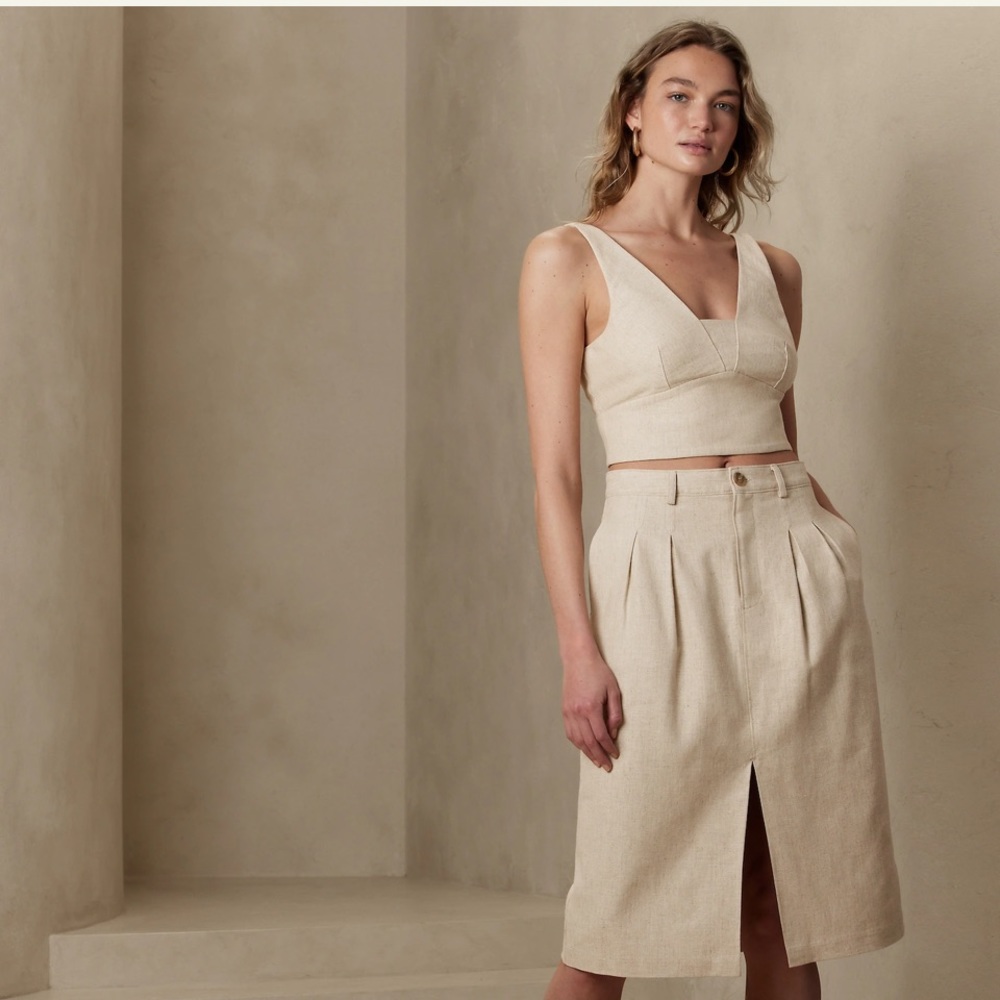 Linen-cotton herringbone midi skirt - 14 NWT